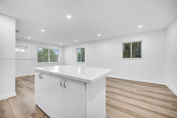Empty room, Interior, Kitchen, Recessed Lighting, Wood Texture Flooring
