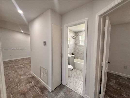 Bathroom, Interior, Marble, Marble Walls, Recessed Lighting, Wood Texture Flooring