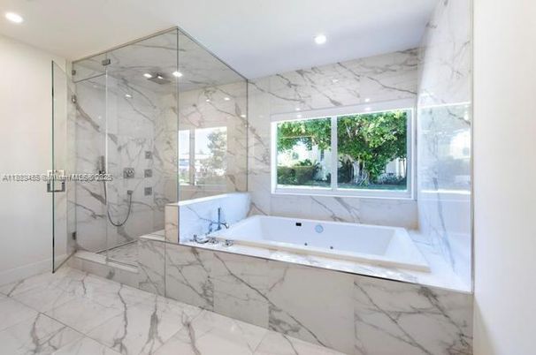 Bathroom, Glass Shower, Interior, Marble, Marble Walls, Recessed Lighting