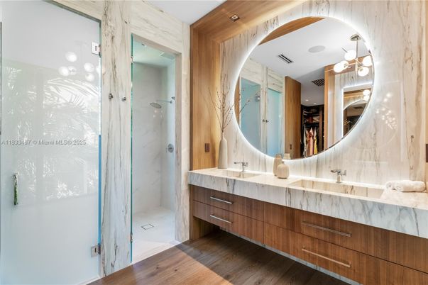 Bathroom, Dual Sink Vanities, Glass Shower, Interior, Wood Texture Flooring