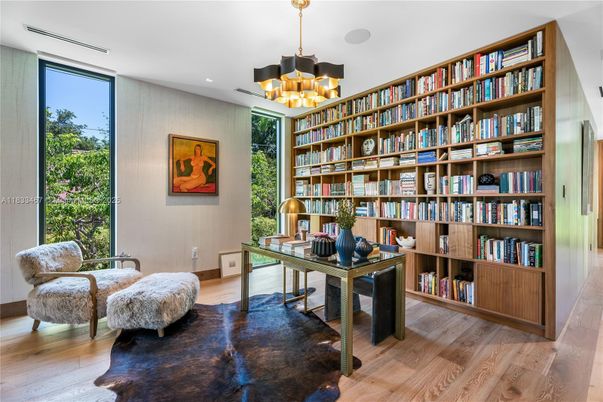 Chandelier, Home Office, Interior, Recessed Lighting, Wood Texture Flooring