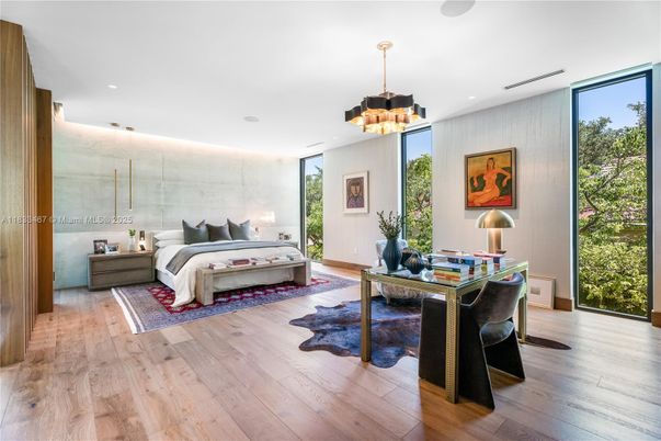 Bedroom, Chandelier, Interior, Recessed Lighting, Wood Texture Flooring