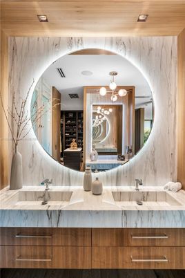 Bathroom, Interior, Marble Walls, Recessed Lighting, Wooden Ceilings