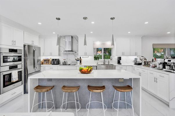 Interior, Kitchen, Marble, Pendant Lights, Recessed Lighting, Stainless Steel Appliances