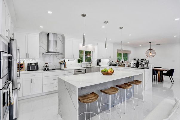 Interior, Kitchen, Marble, Pendant Lights, Recessed Lighting, Stainless Steel Appliances