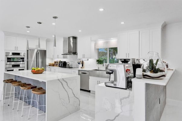 Interior, Kitchen, Marble, Pendant Lights, Recessed Lighting, Stainless Steel Appliances