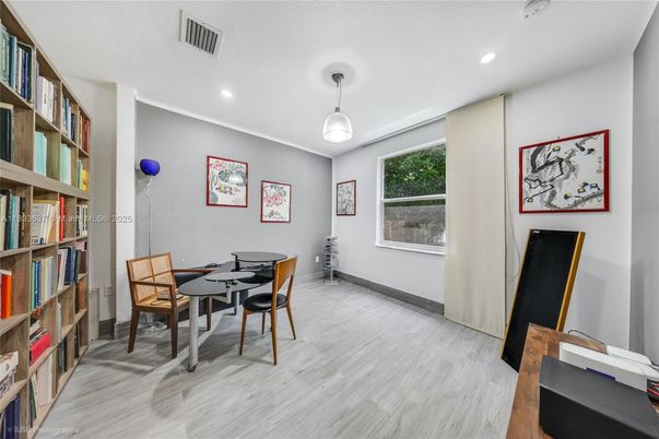 Dining room, Interior, Pendant Lights, Recessed Lighting, Wood Texture Flooring
