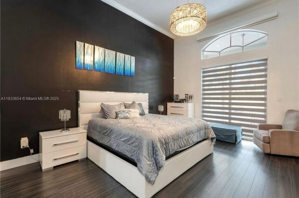 Bedroom, Interior, Pendant Lights, Wood Texture Flooring