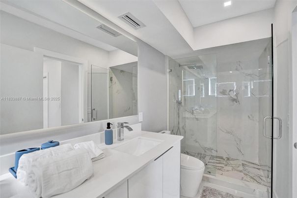 Bathroom, Glass Shower, Interior, Marble, Marble Walls, Recessed Lighting