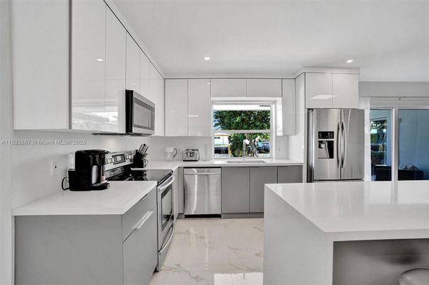 Interior, Kitchen, Marble, Recessed Lighting, Stainless Steel Appliances