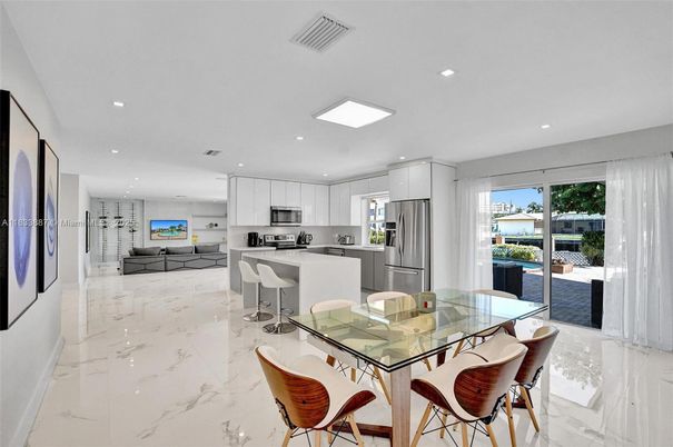 Dining room, Interior, Kitchen, Marble, Pendant Lights, Recessed Lighting, Stainless Steel Appliances, Water