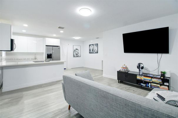 Interior, Kitchen, Living room, Recessed Lighting, Stainless Steel Appliances, Wood Texture Flooring
