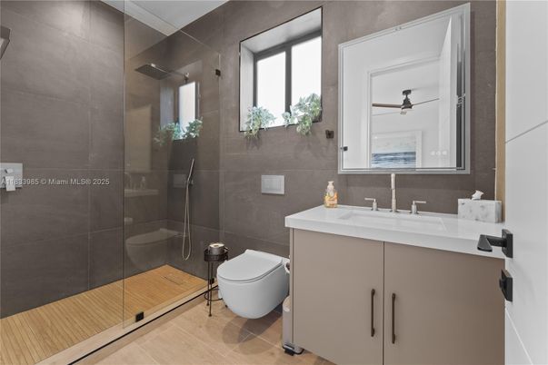Bathroom, Glass Shower, Interior, Wood Texture Flooring