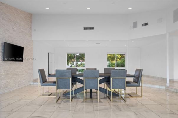 Dining room, Fireplace, Interior, Marble, Recessed Lighting, Stone Walls