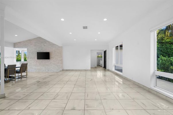 Empty room, Fireplace, Interior, Marble, Recessed Lighting, Stone Walls