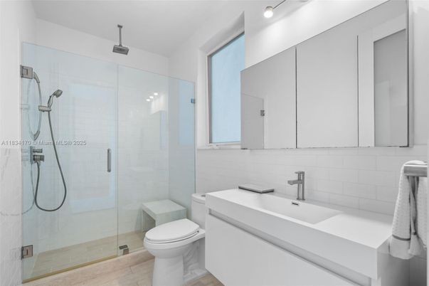 Bathroom, Glass Shower, Interior, Recessed Lighting, Wood Texture Flooring