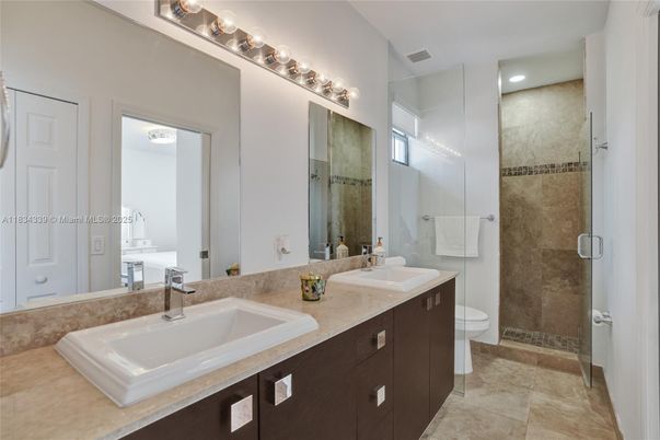 Bathroom, Dual Sink Vanities, Glass Shower, Interior, Recessed Lighting