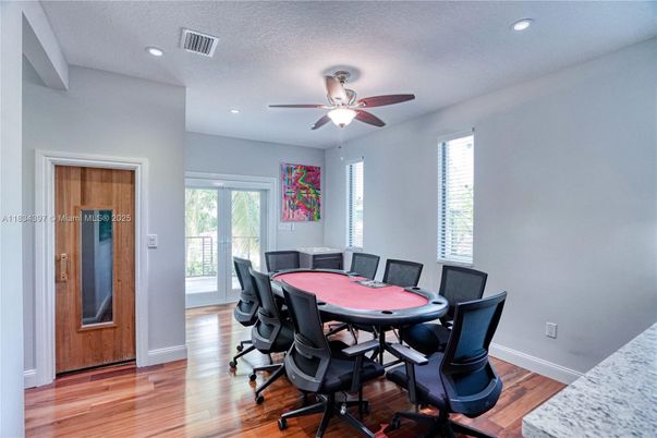 Dining room, Game Room, Interior, Recessed Lighting, Wood Texture Flooring