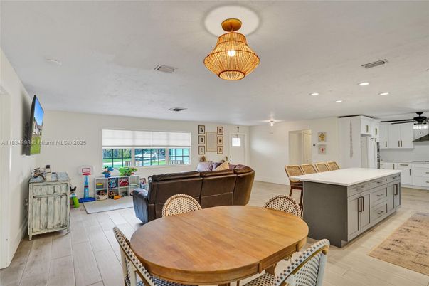 Dining room, Interior, Kitchen, Living room, Pendant Lights, Recessed Lighting, Wood Texture Flooring