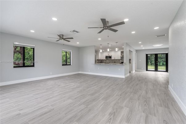 Empty room, Interior, Kitchen, Pendant Lights, Recessed Lighting, Wood Texture Flooring