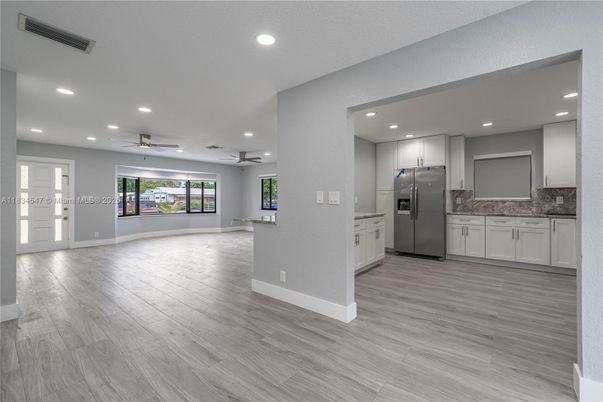 Empty room, Interior, Kitchen, Recessed Lighting, Wood Texture Flooring