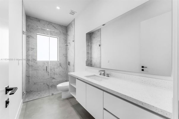 Bathroom, Glass Shower, Interior, Marble Walls, Recessed Lighting