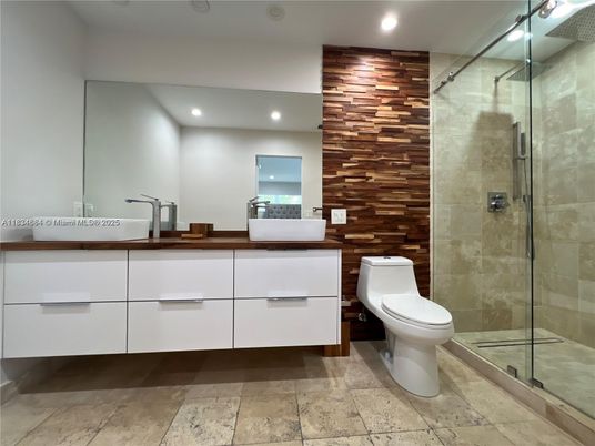 Bathroom, Glass Shower, Interior, Recessed Lighting, Wooden Walls