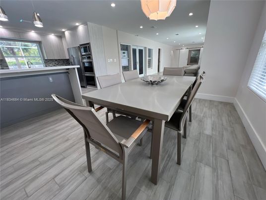 Dining room, Interior, Kitchen, Pendant Lights, Recessed Lighting, Stainless Steel Appliances, Wood Texture Flooring