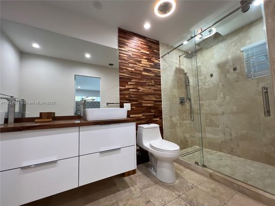 Bathroom, Glass Shower, Interior, Recessed Lighting, Wooden Walls