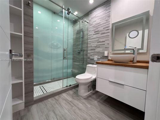 Bathroom, Glass Shower, Interior, Recessed Lighting, Wood Texture Flooring