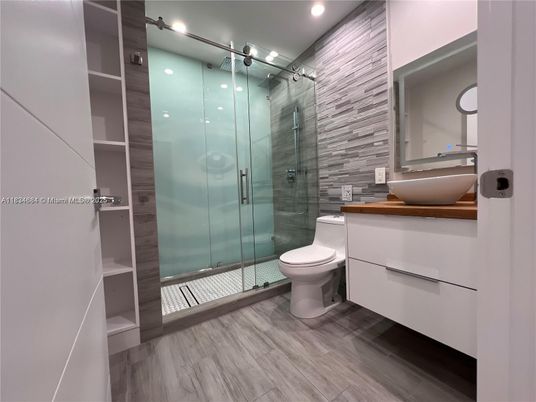 Bathroom, Glass Shower, Interior, Recessed Lighting, Wood Texture Flooring