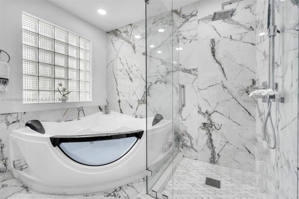 Bathroom, Glass Shower, Interior, Marble Walls, Recessed Lighting