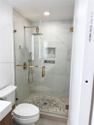 Bathroom, Glass Shower, Interior, Marble Walls, Recessed Lighting
