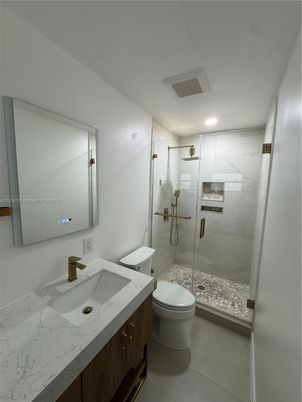 Bathroom, Glass Shower, Interior, Marble Walls, Recessed Lighting