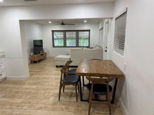 Dining room, Interior, Living room, Recessed Lighting, Wood Texture Flooring
