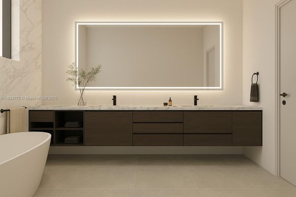 Bathroom, Dual Sink Vanities, Free Standing Baths, Interior, Marble Walls