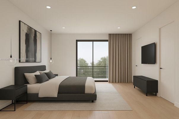 Bedroom, Interior, Pendant Lights, Recessed Lighting, Wood Texture Flooring