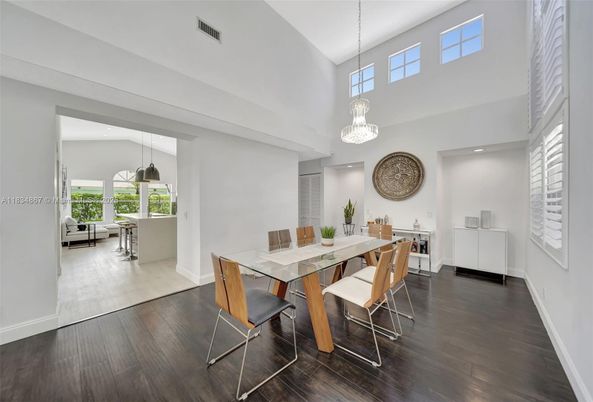 Chandelier, Dining room, Interior, Pendant Lights, Recessed Lighting, Wood Texture Flooring