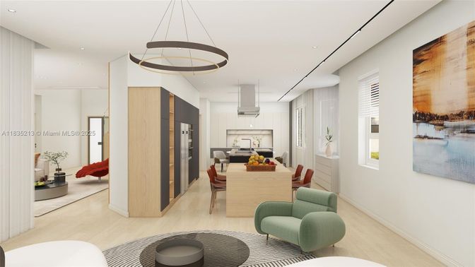 Dining room, Interior, Kitchen, Living room, Pendant Lights, Recessed Lighting, Stainless Steel Appliances, Wood Texture Flooring