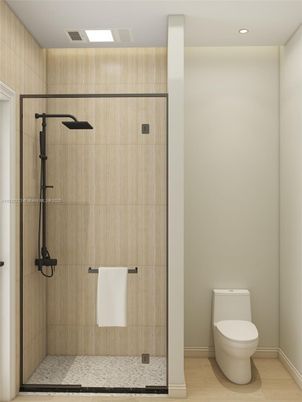 Bathroom, Glass Shower, Interior, Recessed Lighting, Wood Texture Flooring