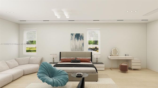Bedroom, Interior, Recessed Lighting, Wood Texture Flooring