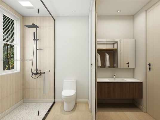 Bathroom, Glass Shower, Interior, Recessed Lighting, Wood Texture Flooring
