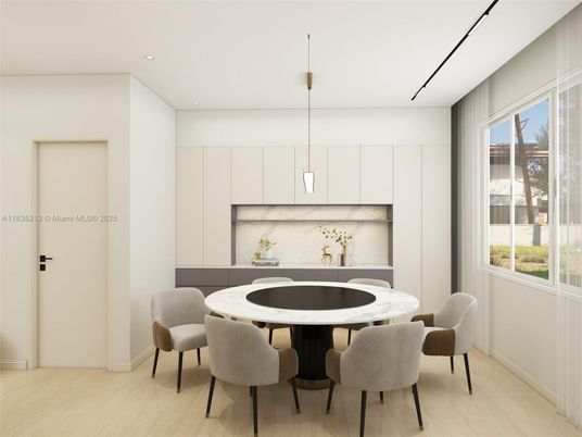 Dining room, Interior, Pendant Lights, Recessed Lighting, Wood Texture Flooring