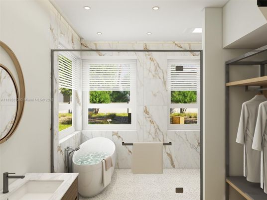 Bathroom, Interior, Marble Walls, Recessed Lighting