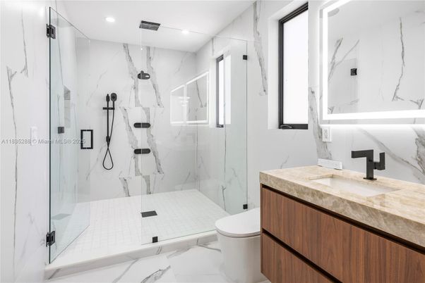 Bathroom, Glass Shower, Interior, Marble, Marble Walls, Recessed Lighting