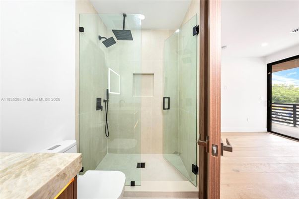 Bathroom, Glass Shower, Interior, Recessed Lighting, Wood Texture Flooring