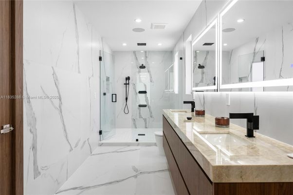 Bathroom, Glass Shower, Interior, Marble, Marble Walls, Recessed Lighting