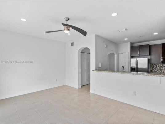Empty room, Interior, Kitchen, Recessed Lighting, Stainless Steel Appliances