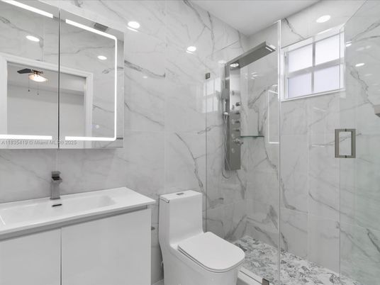 Bathroom, Glass Shower, Interior, Marble Walls, Recessed Lighting