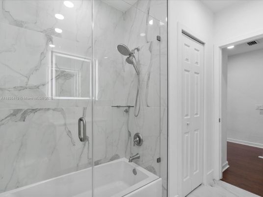 Bathroom, Glass Shower, Interior, Marble Walls, Recessed Lighting, Wood Texture Flooring